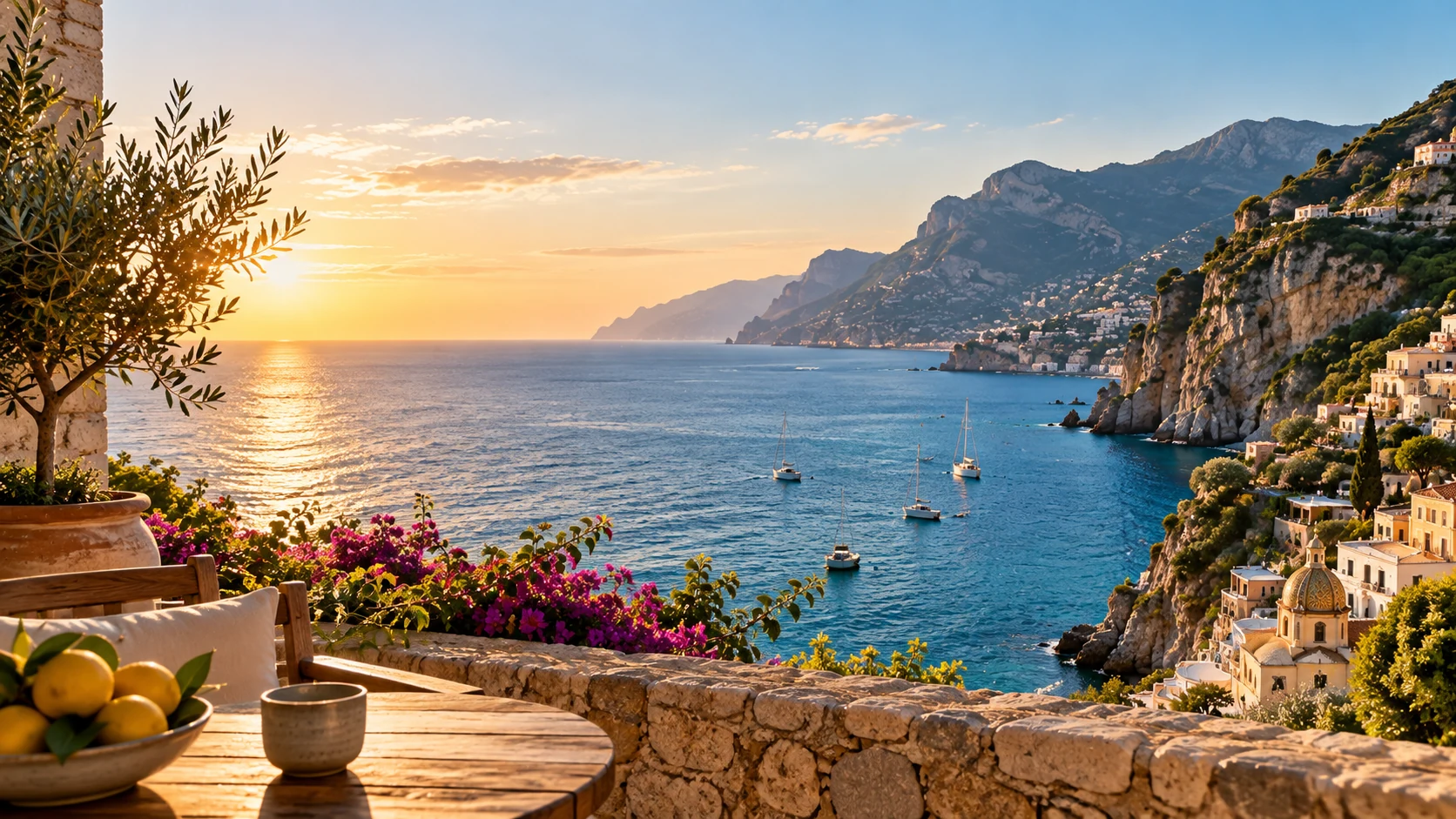 Blick von einer mediterranen Terrasse auf das Meer