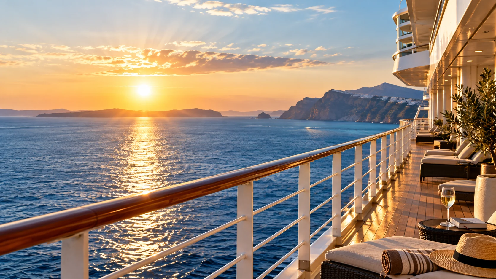 Sonnenuntergang auf See, gesehen von einem Schiffsdeck